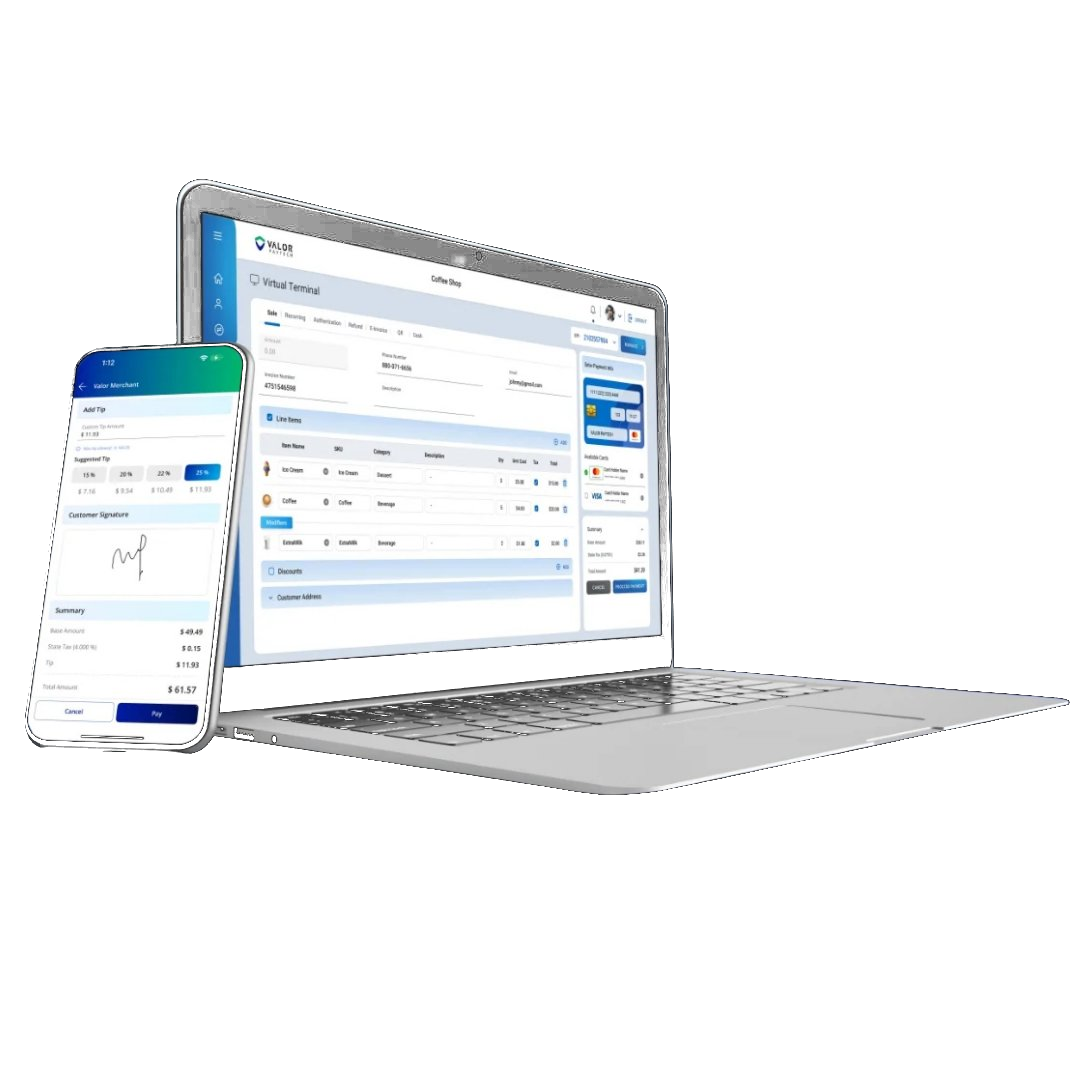 Valor virtual terminal gateway on laptop and phone